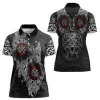 Fenrir Wolf and Vegvisir Viking Women Polo Shirt Nordic Celtic Knotwork Black and Red Tribal Art