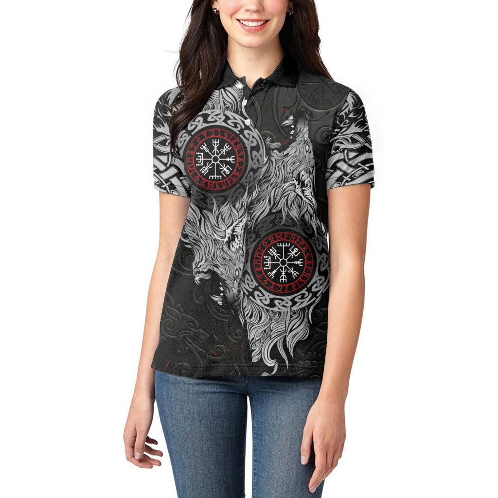 Fenrir Wolf and Vegvisir Viking Women Polo Shirt Nordic Celtic Knotwork Black and Red Tribal Art