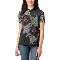 Fenrir Wolf and Vegvisir Viking Women Polo Shirt Nordic Celtic Knotwork Black and Red Tribal Art