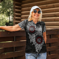 Fenrir Wolf and Vegvisir Viking Women Polo Shirt Nordic Celtic Knotwork Black and Red Tribal Art