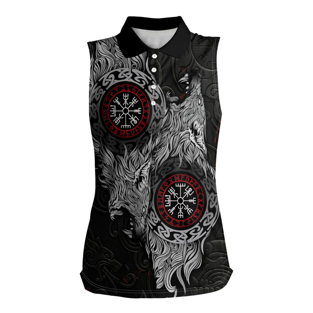 Fenrir Wolf and Vegvisir Viking Women Sleeveless Polo Shirt Nordic Celtic Knotwork Black and Red Tribal Art