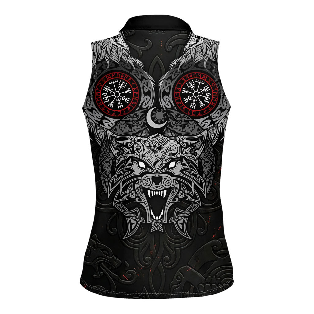 Fenrir Wolf and Vegvisir Viking Women Sleeveless Polo Shirt Nordic Celtic Knotwork Black and Red Tribal Art