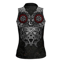 Fenrir Wolf and Vegvisir Viking Women Sleeveless Polo Shirt Nordic Celtic Knotwork Black and Red Tribal Art