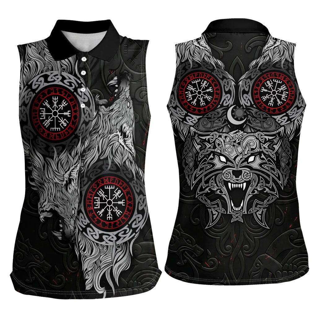 Fenrir Wolf and Vegvisir Viking Women Sleeveless Polo Shirt Nordic Celtic Knotwork Black and Red Tribal Art