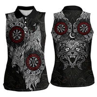 Fenrir Wolf and Vegvisir Viking Women Sleeveless Polo Shirt Nordic Celtic Knotwork Black and Red Tribal Art