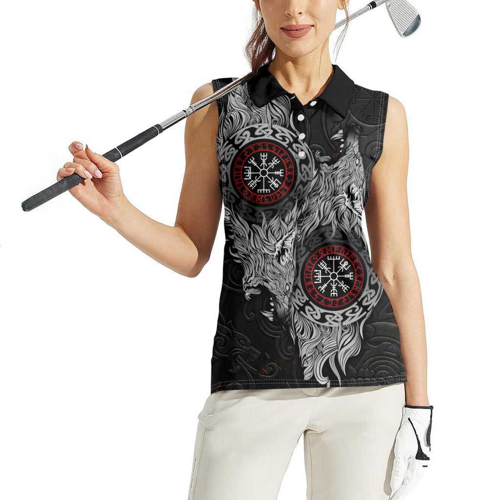 Fenrir Wolf and Vegvisir Viking Women Sleeveless Polo Shirt Nordic Celtic Knotwork Black and Red Tribal Art