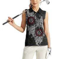 Fenrir Wolf and Vegvisir Viking Women Sleeveless Polo Shirt Nordic Celtic Knotwork Black and Red Tribal Art