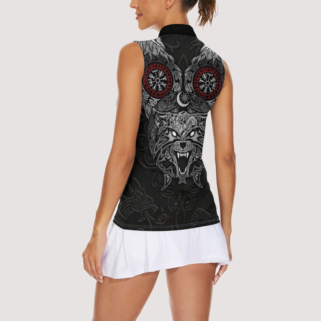Fenrir Wolf and Vegvisir Viking Women Sleeveless Polo Shirt Nordic Celtic Knotwork Black and Red Tribal Art