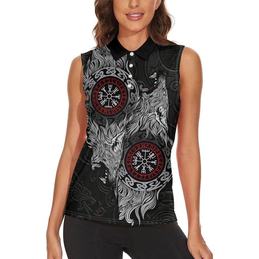 Fenrir Wolf and Vegvisir Viking Women Sleeveless Polo Shirt Nordic Celtic Knotwork Black and Red Tribal Art