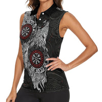 Fenrir Wolf and Vegvisir Viking Women Sleeveless Polo Shirt Nordic Celtic Knotwork Black and Red Tribal Art