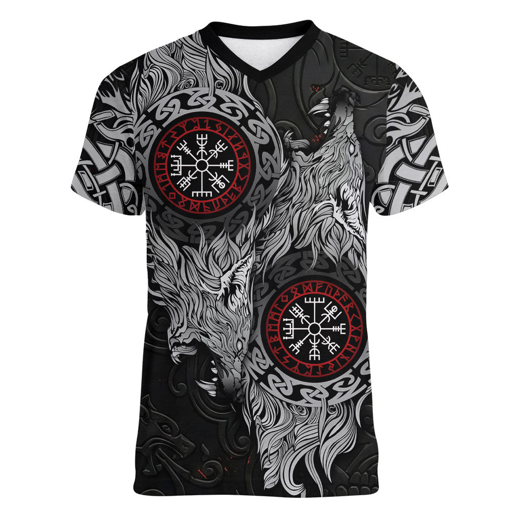 Fenrir Wolf and Vegvisir Viking Women V-Neck T-Shirt Nordic Celtic Knotwork Black and Red Tribal Art
