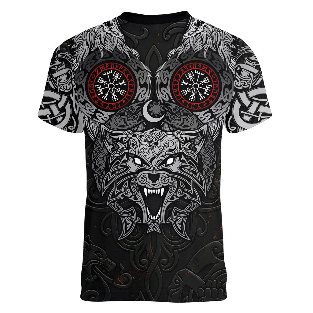 Fenrir Wolf and Vegvisir Viking Women V-Neck T-Shirt Nordic Celtic Knotwork Black and Red Tribal Art