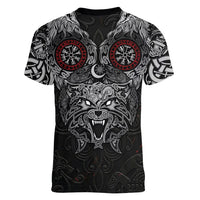 Fenrir Wolf and Vegvisir Viking Women V-Neck T-Shirt Nordic Celtic Knotwork Black and Red Tribal Art