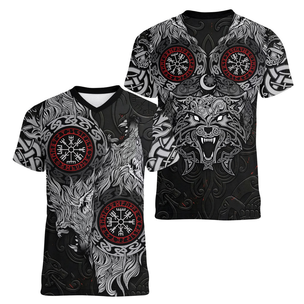 Fenrir Wolf and Vegvisir Viking Women V-Neck T-Shirt Nordic Celtic Knotwork Black and Red Tribal Art