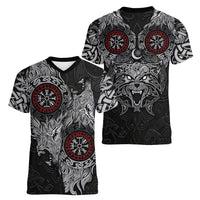 Fenrir Wolf and Vegvisir Viking Women V-Neck T-Shirt Nordic Celtic Knotwork Black and Red Tribal Art
