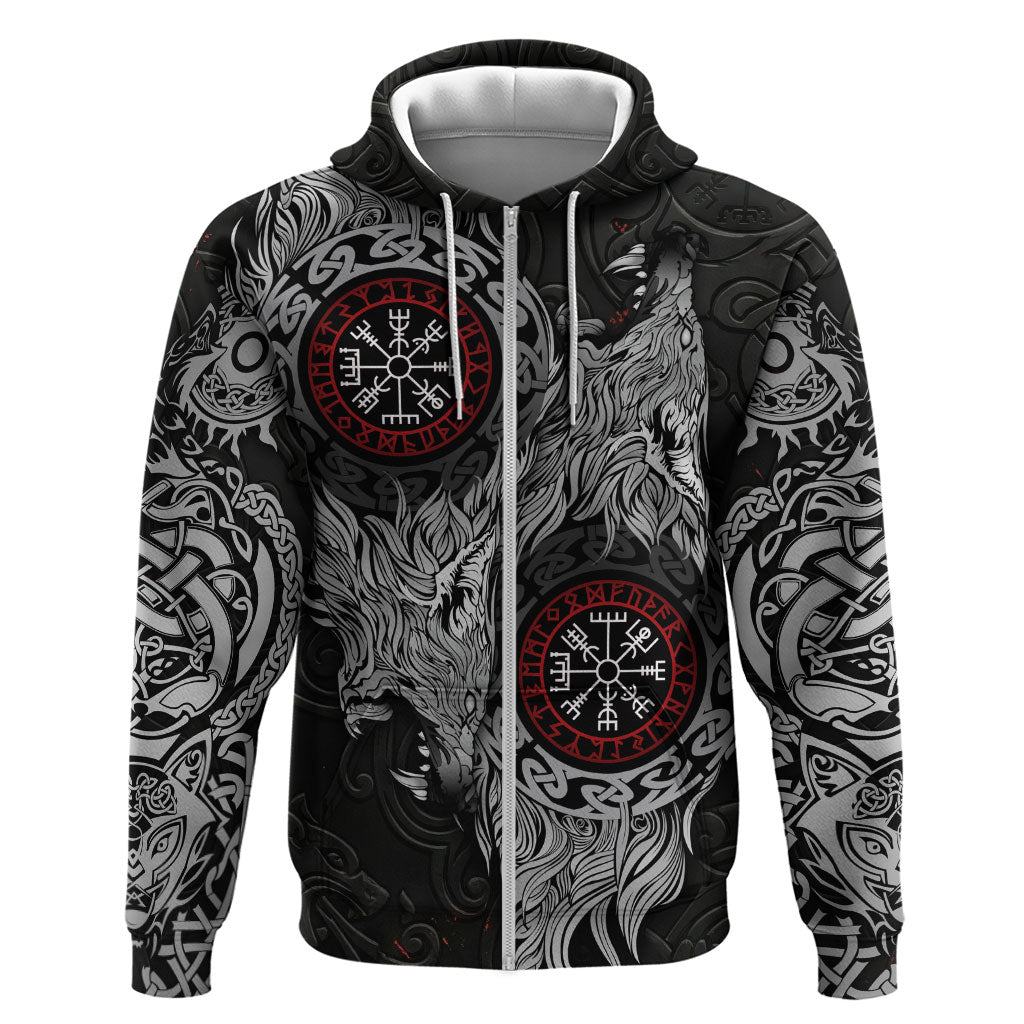 Fenrir Wolf and Vegvisir Viking Zip Hoodie Nordic Celtic Knotwork Black and Red Tribal Art