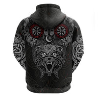 Fenrir Wolf and Vegvisir Viking Zip Hoodie Nordic Celtic Knotwork Black and Red Tribal Art