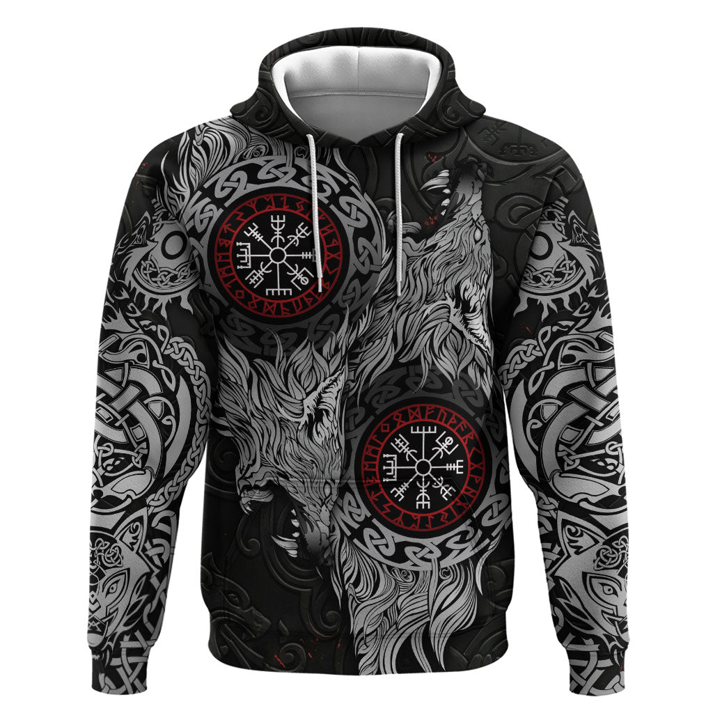 Fenrir Wolf and Vegvisir Viking Zip Hoodie Nordic Celtic Knotwork Black and Red Tribal Art