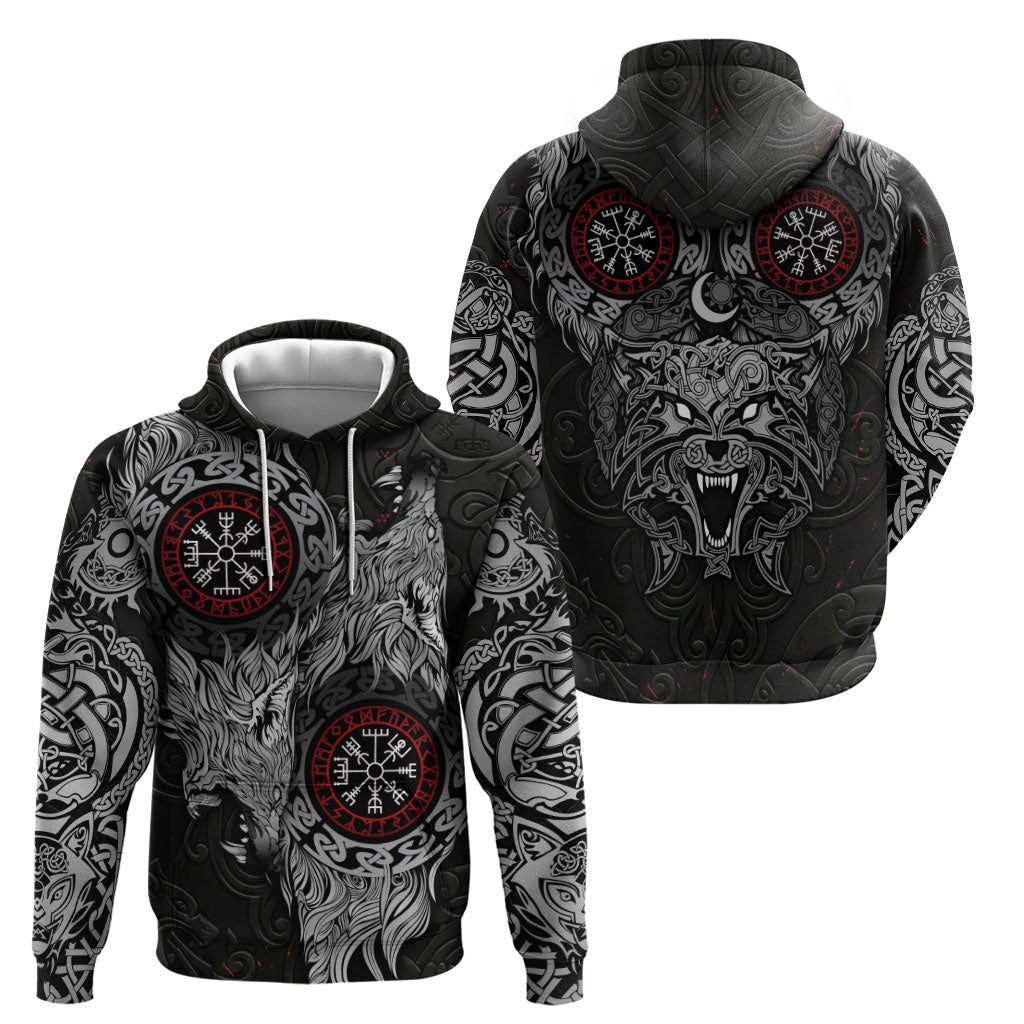 Fenrir Wolf and Vegvisir Viking Zip Hoodie Nordic Celtic Knotwork Black and Red Tribal Art