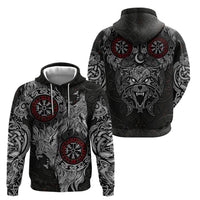 Fenrir Wolf and Vegvisir Viking Zip Hoodie Nordic Celtic Knotwork Black and Red Tribal Art