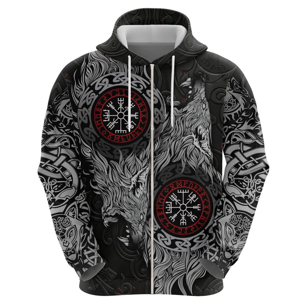 Fenrir Wolf and Vegvisir Viking Zip Hoodie Nordic Celtic Knotwork Black and Red Tribal Art