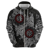 Fenrir Wolf and Vegvisir Viking Zip Hoodie Nordic Celtic Knotwork Black and Red Tribal Art