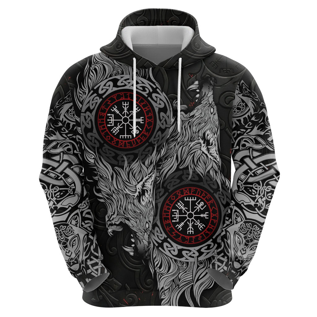 Fenrir Wolf and Vegvisir Viking Zip Hoodie Nordic Celtic Knotwork Black and Red Tribal Art