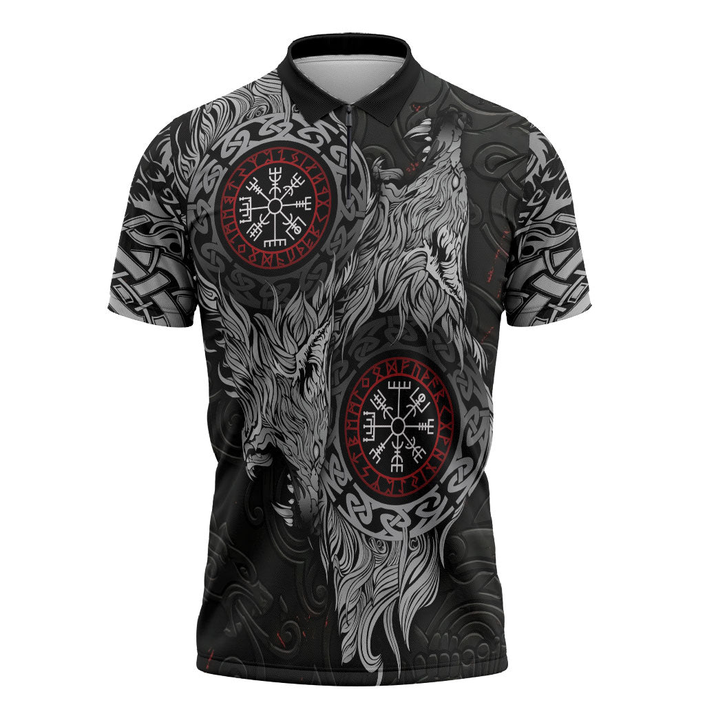 Fenrir Wolf and Vegvisir Viking Zipper Polo Shirt Nordic Celtic Knotwork Black and Red Tribal Art