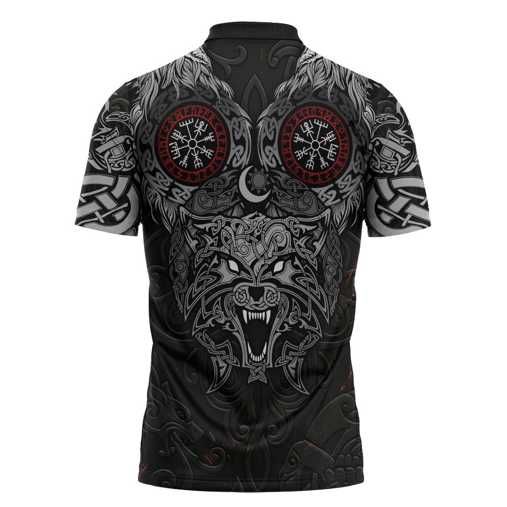 Fenrir Wolf and Vegvisir Viking Zipper Polo Shirt Nordic Celtic Knotwork Black and Red Tribal Art