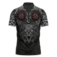 Fenrir Wolf and Vegvisir Viking Zipper Polo Shirt Nordic Celtic Knotwork Black and Red Tribal Art