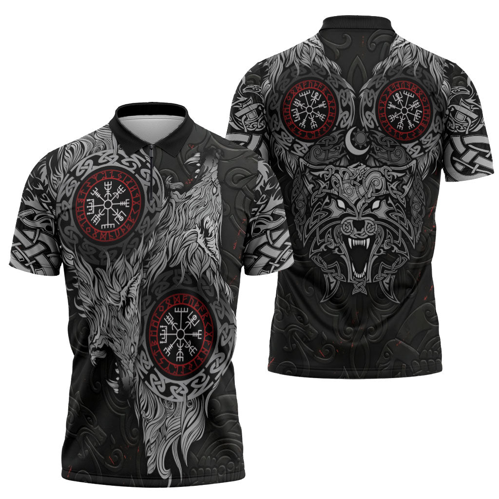 Fenrir Wolf and Vegvisir Viking Zipper Polo Shirt Nordic Celtic Knotwork Black and Red Tribal Art