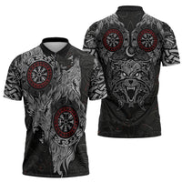 Fenrir Wolf and Vegvisir Viking Zipper Polo Shirt Nordic Celtic Knotwork Black and Red Tribal Art