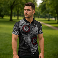 Fenrir Wolf and Vegvisir Viking Zipper Polo Shirt Nordic Celtic Knotwork Black and Red Tribal Art