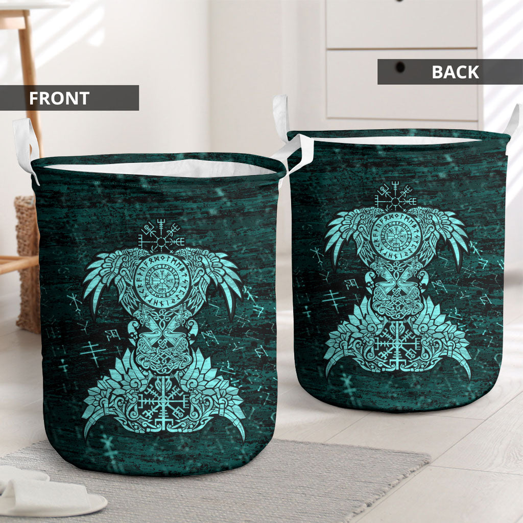 Valknut Ravens and Vegvisir Helm of Awe Laundry Basket Viking Nordic Celtic Knotwork Turquoise Runic Art