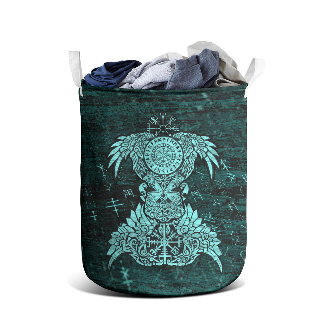 Valknut Ravens and Vegvisir Helm of Awe Laundry Basket Viking Nordic Celtic Knotwork Turquoise Runic Art