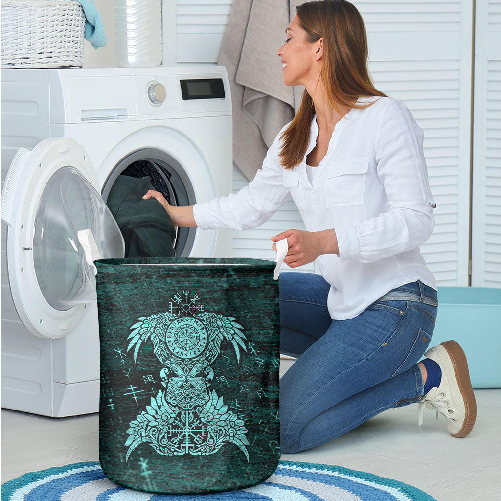 Valknut Ravens and Vegvisir Helm of Awe Laundry Basket Viking Nordic Celtic Knotwork Turquoise Runic Art