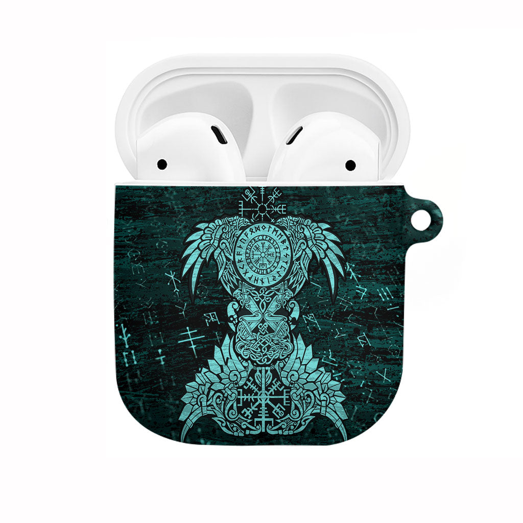 Valknut Ravens and Vegvisir Helm of Awe AirPods Case Viking Nordic Celtic Knotwork Turquoise Runic Art