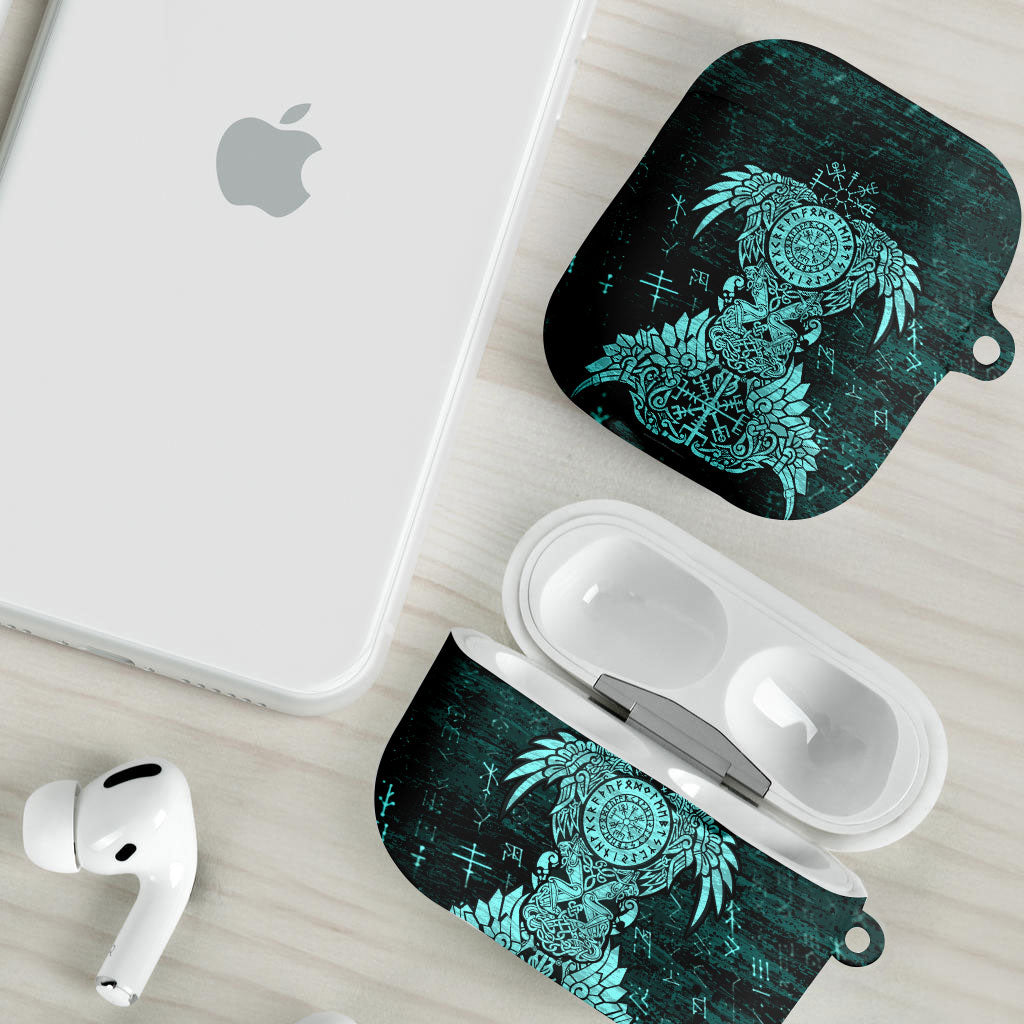 Valknut Ravens and Vegvisir Helm of Awe AirPods Case Viking Nordic Celtic Knotwork Turquoise Runic Art