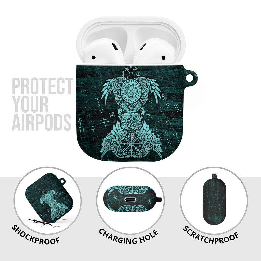 Valknut Ravens and Vegvisir Helm of Awe AirPods Case Viking Nordic Celtic Knotwork Turquoise Runic Art