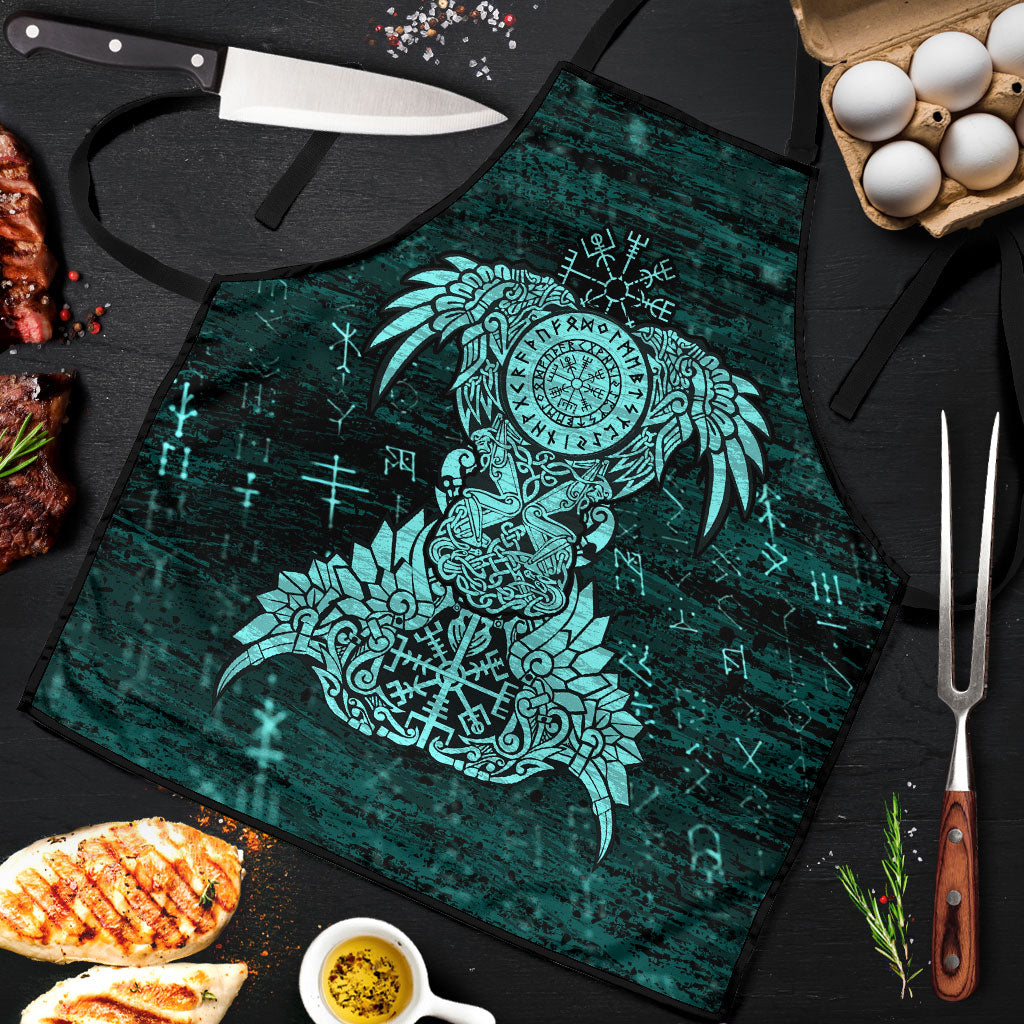 Valknut Ravens and Vegvisir Helm of Awe Apron Viking Nordic Celtic Knotwork Turquoise Runic Art