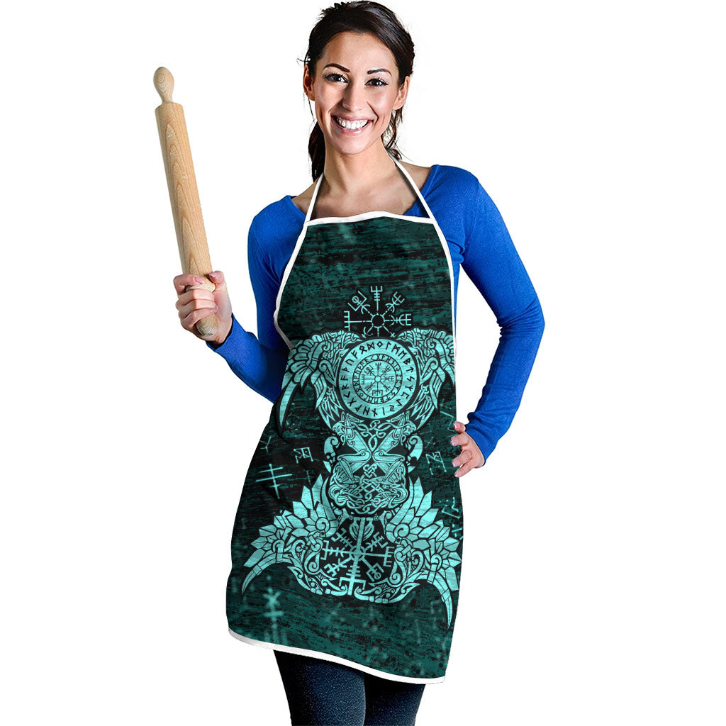 Valknut Ravens and Vegvisir Helm of Awe Apron Viking Nordic Celtic Knotwork Turquoise Runic Art