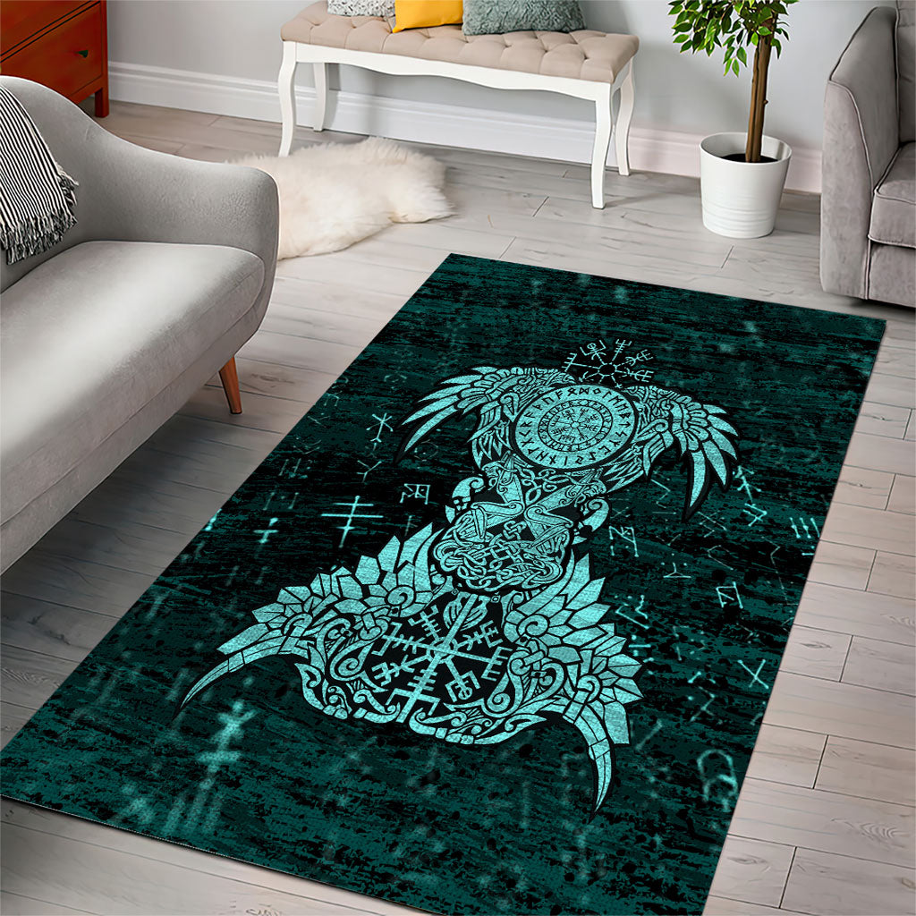 Valknut Ravens and Vegvisir Helm of Awe Area Rug Viking Nordic Celtic Knotwork Turquoise Runic Art