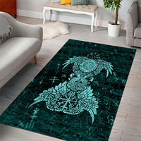 Valknut Ravens and Vegvisir Helm of Awe Area Rug Viking Nordic Celtic Knotwork Turquoise Runic Art