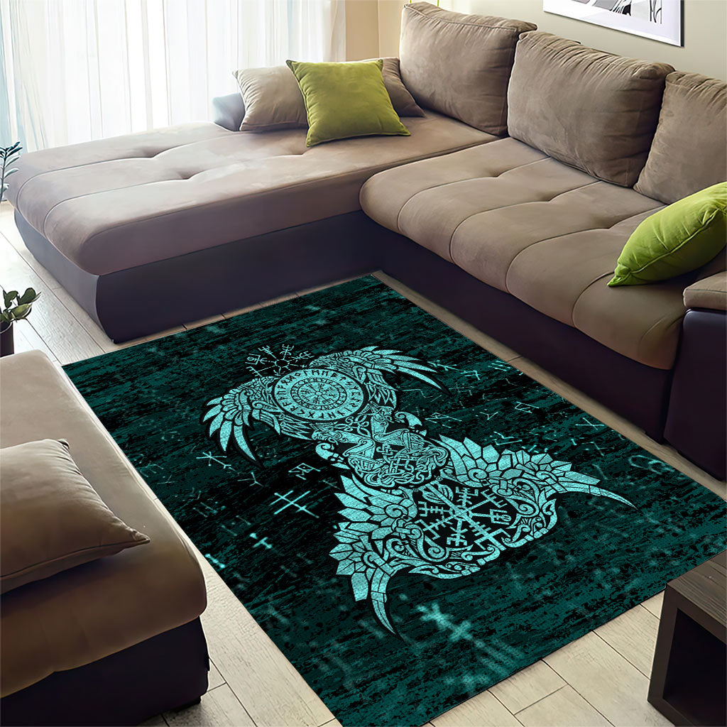 Valknut Ravens and Vegvisir Helm of Awe Area Rug Viking Nordic Celtic Knotwork Turquoise Runic Art