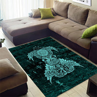 Valknut Ravens and Vegvisir Helm of Awe Area Rug Viking Nordic Celtic Knotwork Turquoise Runic Art