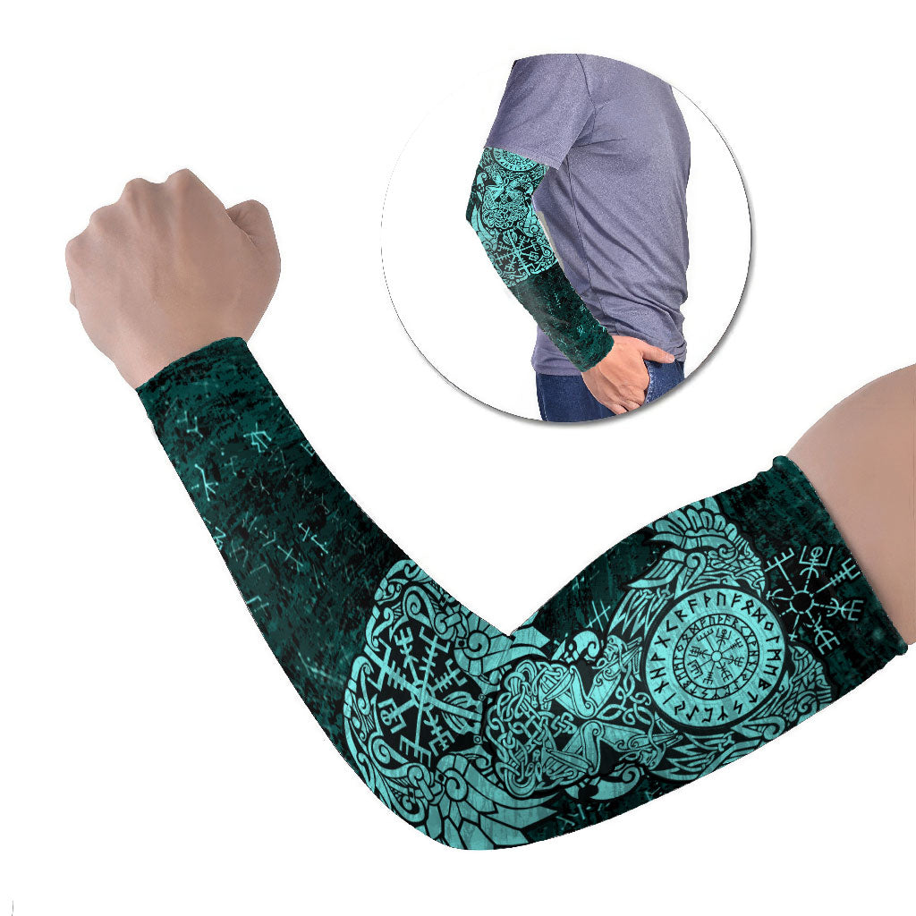 Valknut Ravens and Vegvisir Helm of Awe Arm Sleeves Viking Nordic Celtic Knotwork Turquoise Runic Art