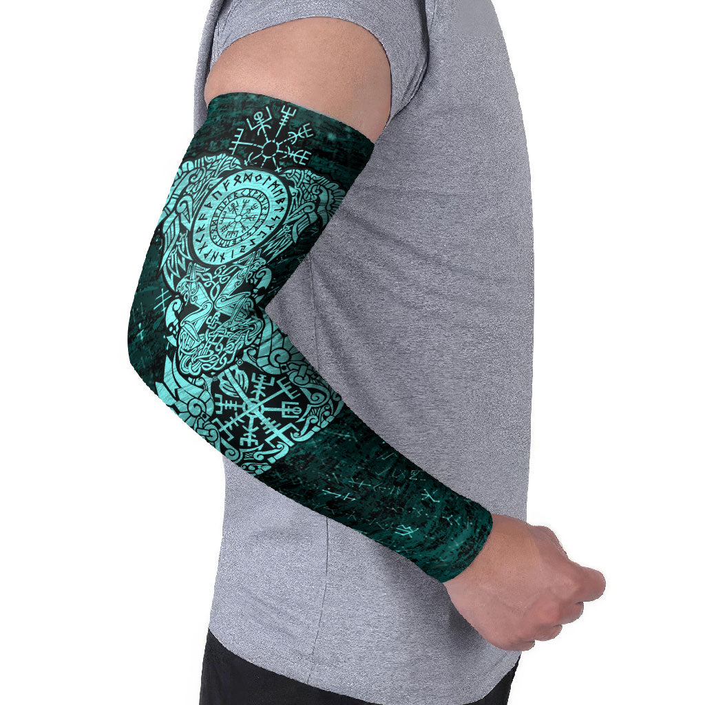 Valknut Ravens and Vegvisir Helm of Awe Arm Sleeves Viking Nordic Celtic Knotwork Turquoise Runic Art