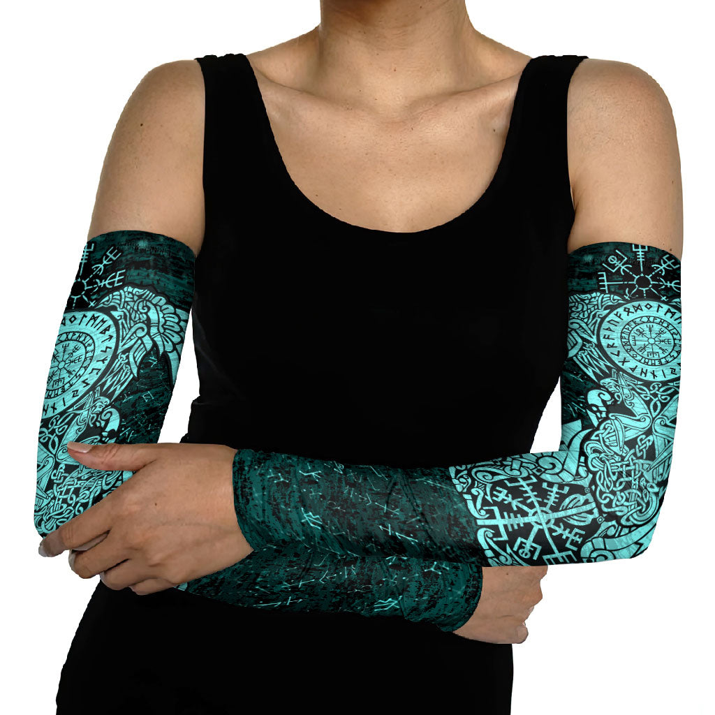 Valknut Ravens and Vegvisir Helm of Awe Arm Sleeves Viking Nordic Celtic Knotwork Turquoise Runic Art
