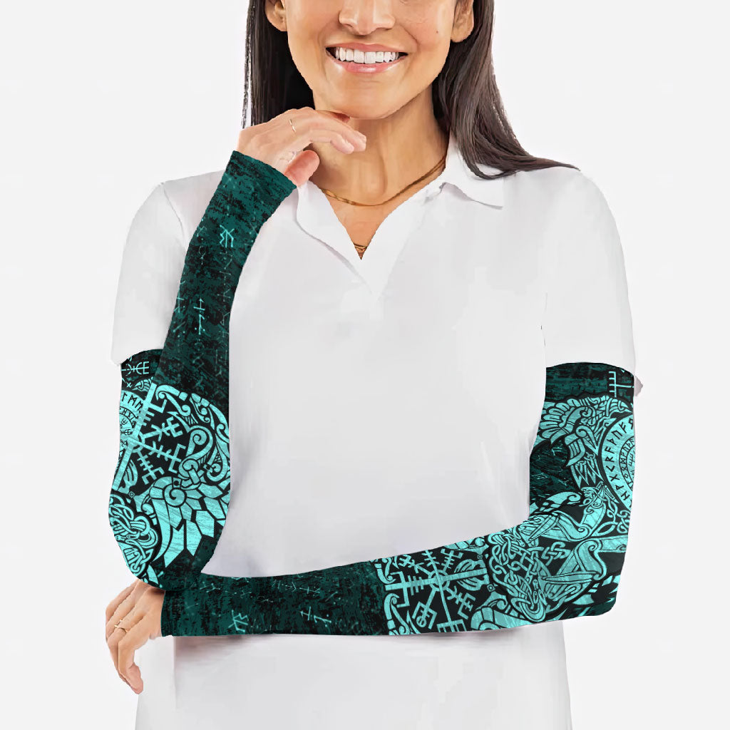 Valknut Ravens and Vegvisir Helm of Awe Arm Sleeves Viking Nordic Celtic Knotwork Turquoise Runic Art