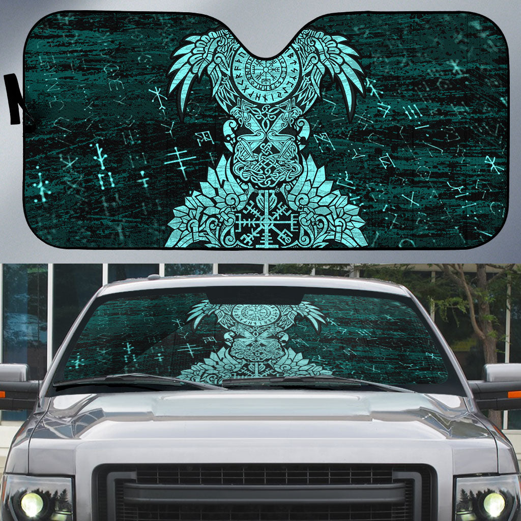 Valknut Ravens and Vegvisir Helm of Awe Auto Sun Shade Viking Nordic Celtic Knotwork Turquoise Runic Art